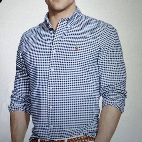 VINTAGE Ralph Lauren Custom Fit  Gingham Plaid  BLU/WHT Check Men's Shirt Large - Picture 1 of 9